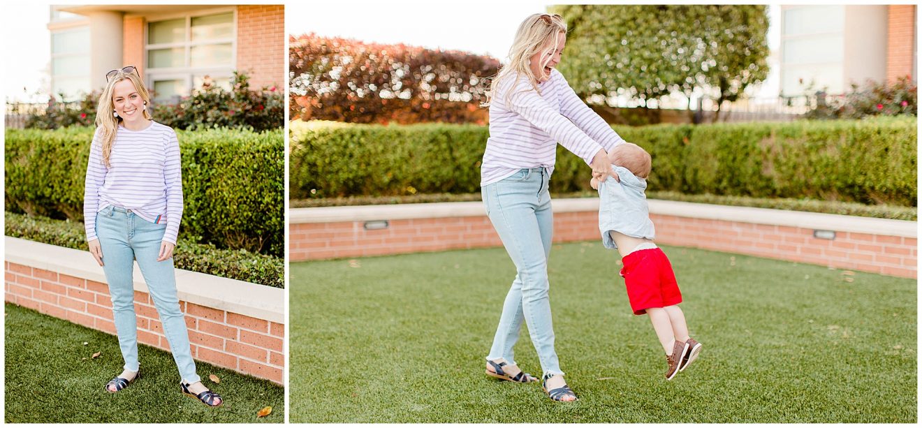 Mom wearing jeans and striped shirt playing with her son.