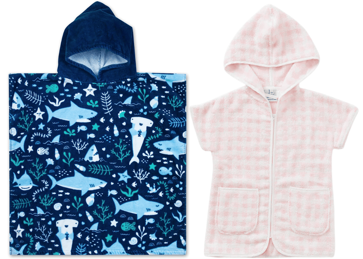 Blue shark print and pink gingham hooded towels 