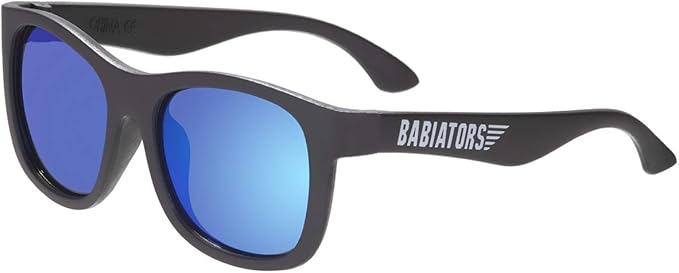 A pair of dark gray sunglasses with blue mirrored lenses and the word BABIATORS printed in white on the left temple arm—these are true summer must-haves for stylish sun protection.