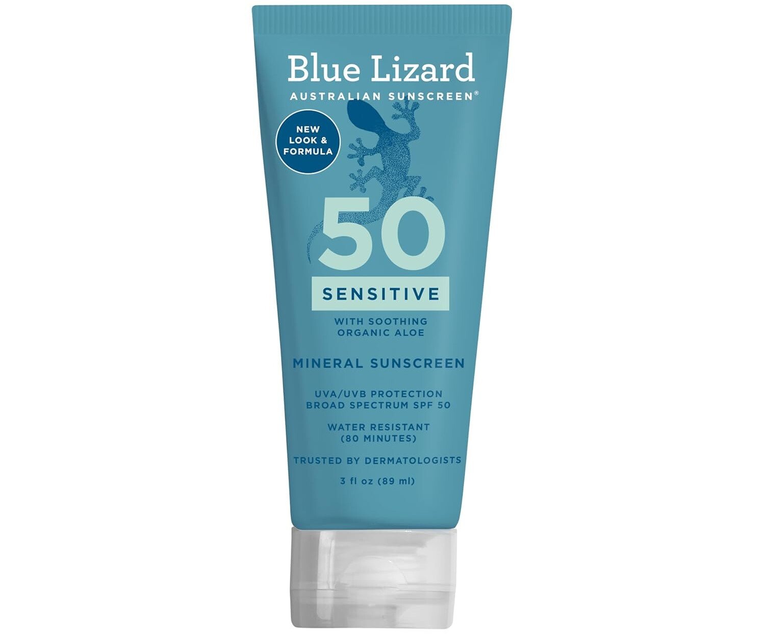 A tube of Blue Lizard Australian Sunscreen, Sensitive formula, SPF 50, with soothing organic aloe—one of the summer must-haves. The blue tube features white text, a lizard graphic, and holds 3 fl oz (89 mL) of mineral sunscreen.