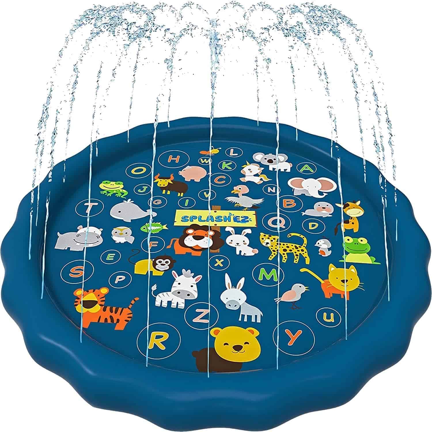 A blue circular splash pad with animal illustrations and alphabet letters, this summer must-have sprays water upward in multiple streams from the edges, creating a refreshing arc over the play surface.