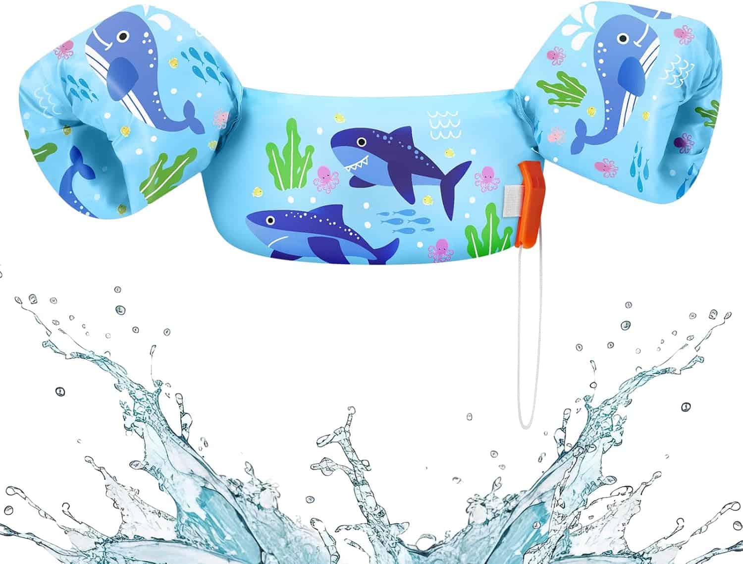 A blue childrens swim float, adorned with shark and seaweed illustrations, features arm bands, a chest piece, and an orange safety buckle—making it one of this summers must-haves for safe and fun water adventures.