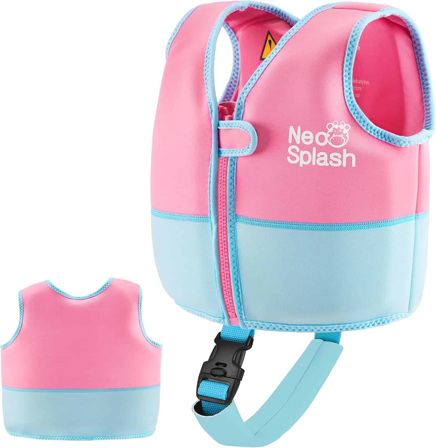 A pink and light blue childrens swim vest with Neo Splash on the front is a summer must-have, featuring a front zipper, bottom buckle strap, and blue trim. The rear view of this stylish vest is also shown.