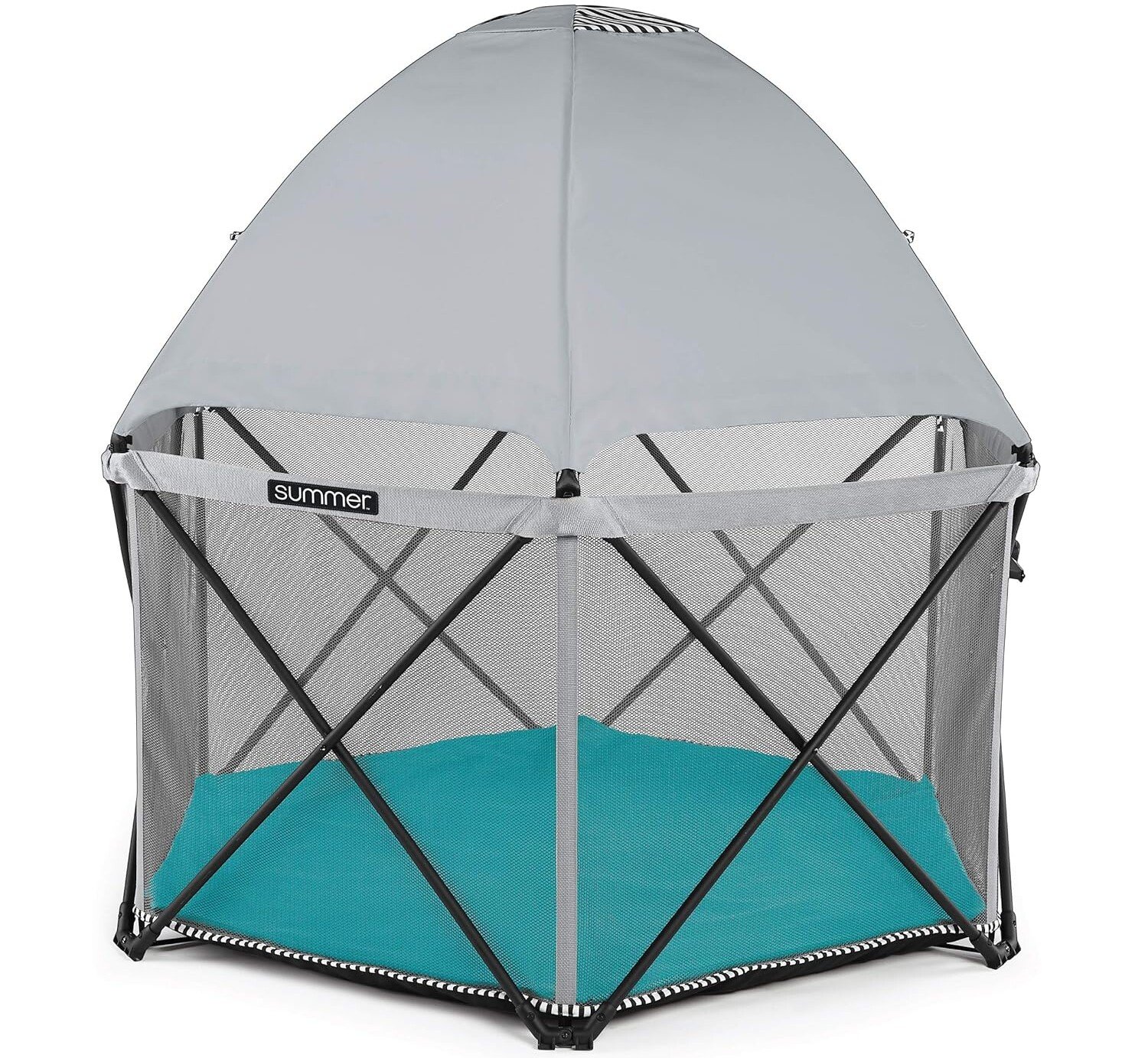A gray and turquoise portable playpen with mesh sides and a canopy cover, supported by black metal frames. Branded Summer, its one of the summer must-haves for safe outdoor or indoor play.
