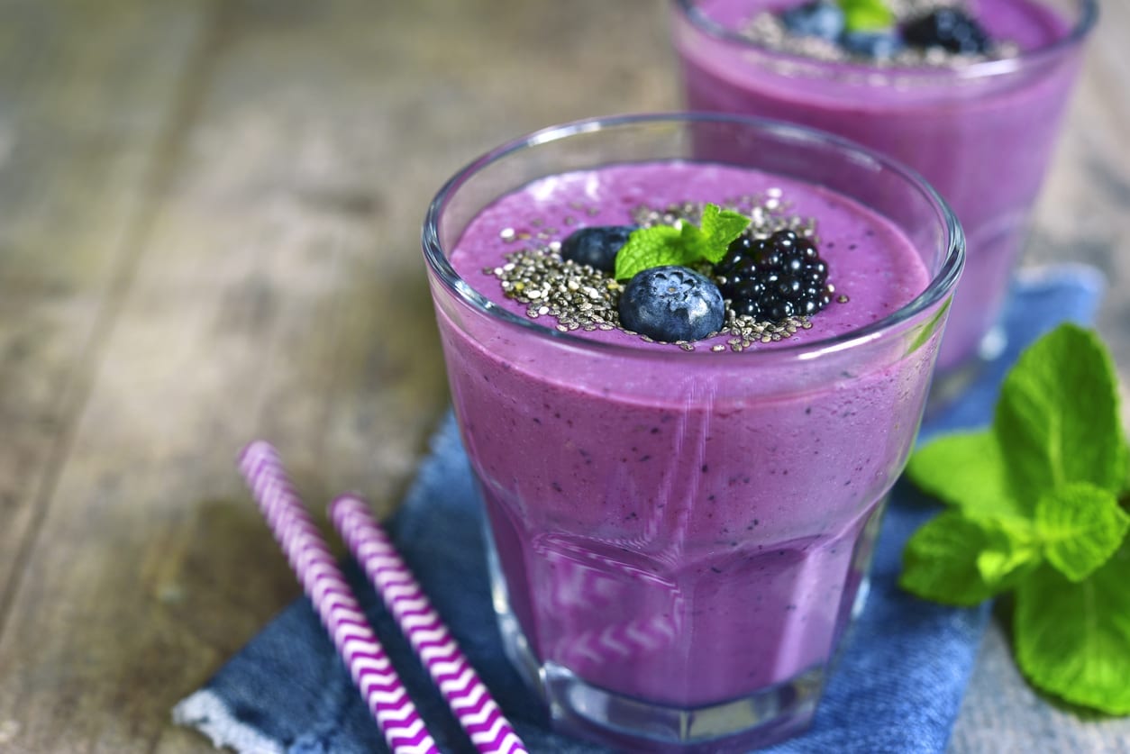 Healthy diet forest berry smoothie with chia seeds.