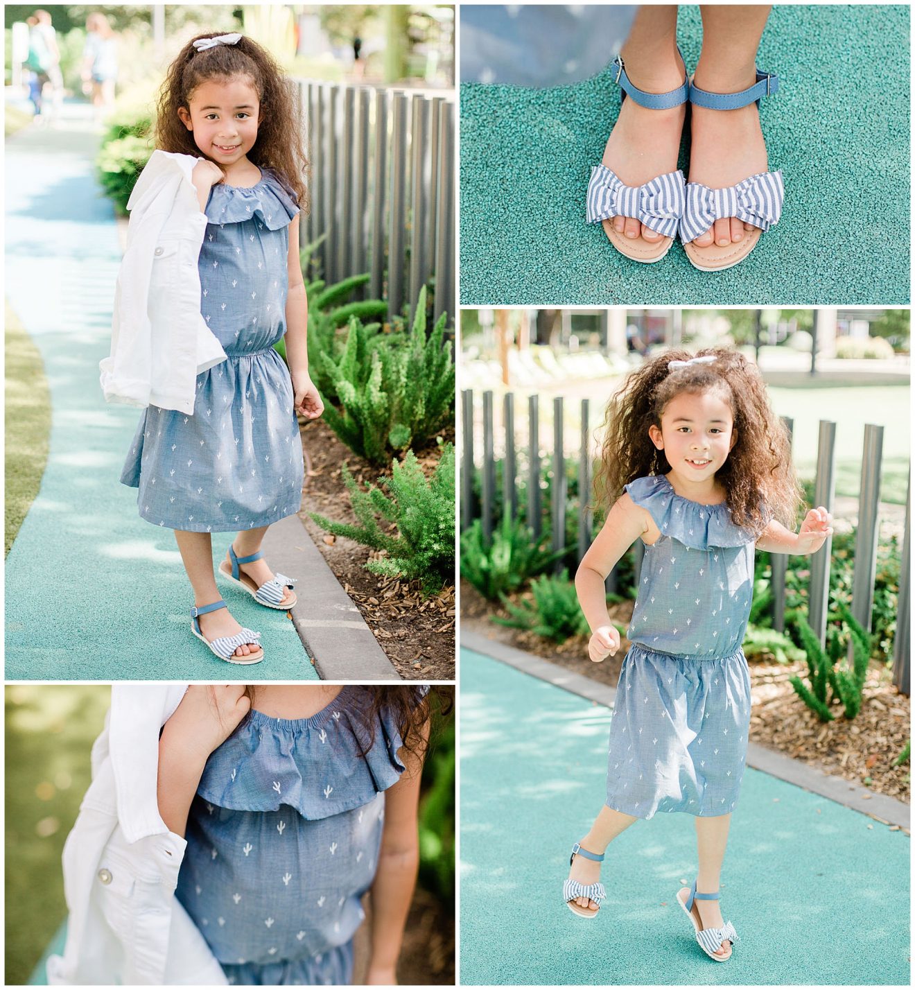Little girl wearing a chambray dress, sandals and white jean jacket outside.