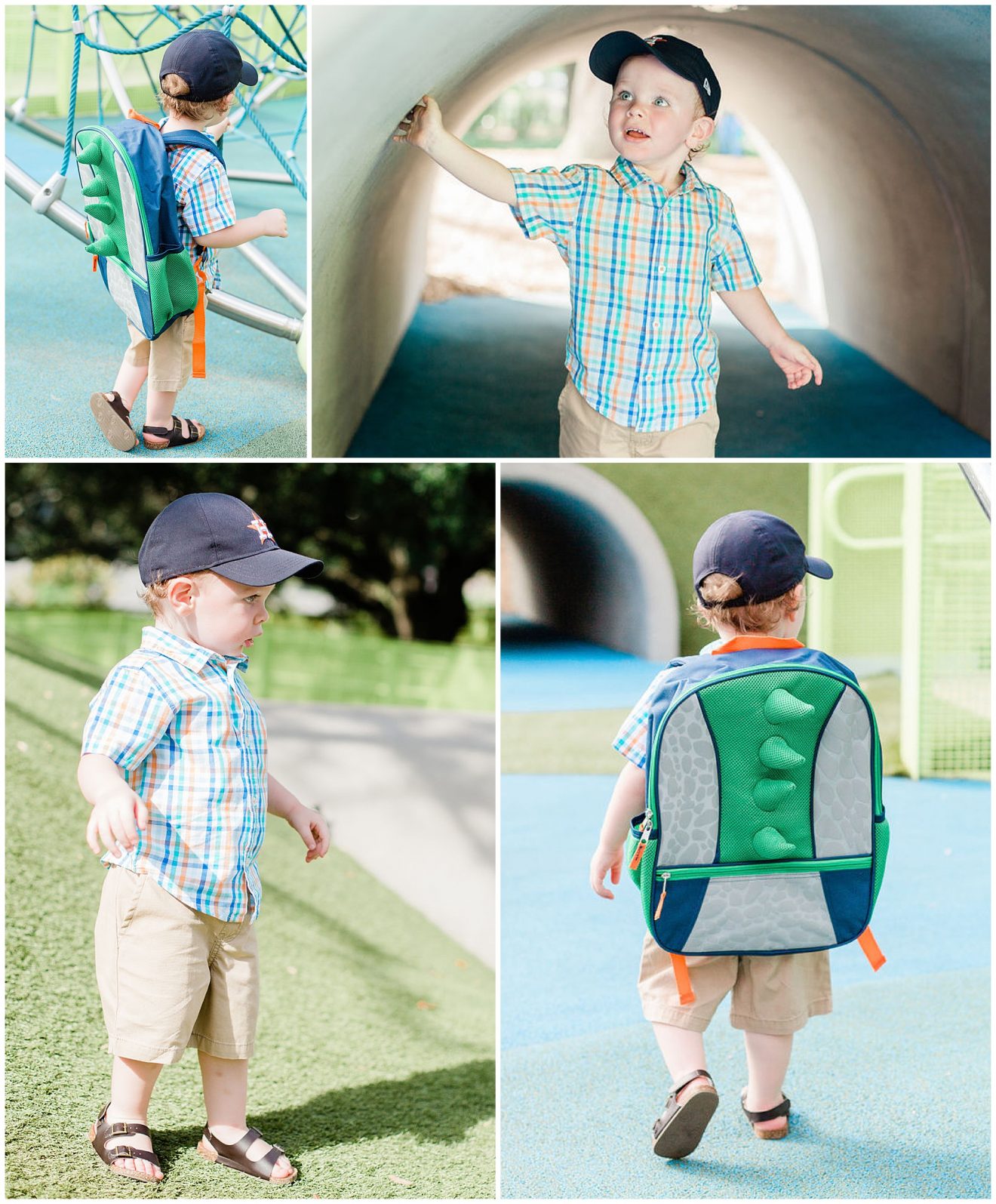 Toddler boy outside on the playground with his baseball cap and school backpack.