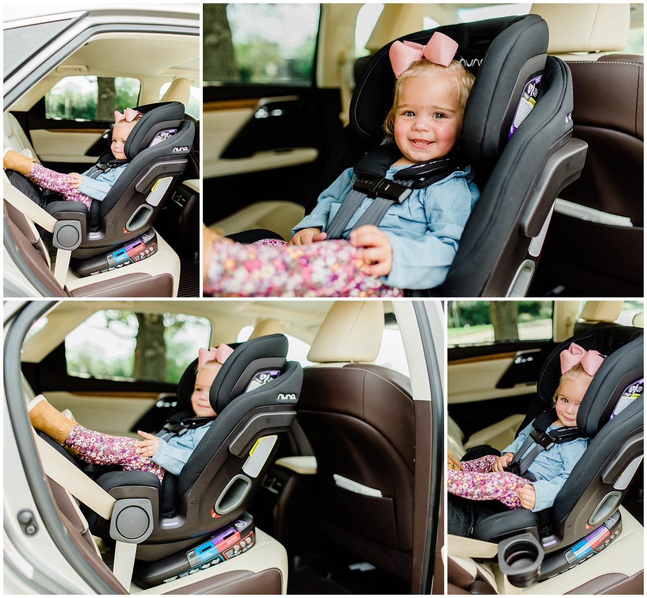 Toddler sitting in the NUNA all-in-one car seat called the EXEC.