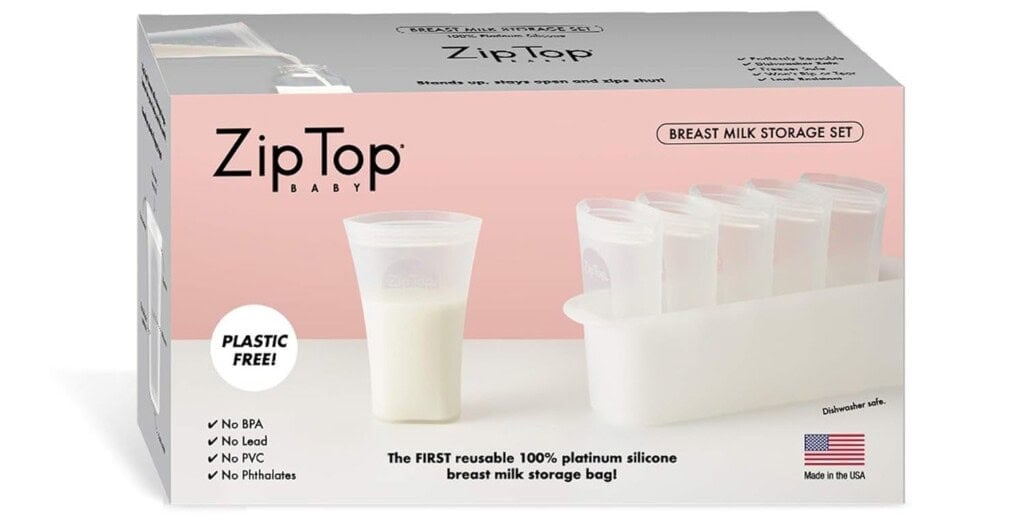 Image of a Zip Top Baby Breast Milk Storage Set in its packaging. The packaging is white and pink, featuring six reusable, clear silicone storage bags with lids. Labels indicate the product is plastic-free, BPA-free, lead-free, PVC-free, and made in the USA—an ideal addition to postpartum essentials.