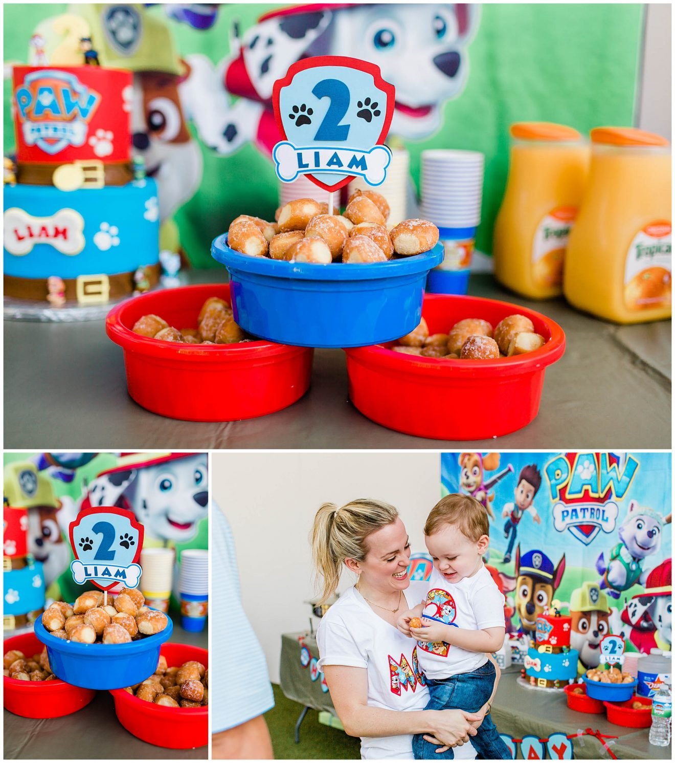 Paw Patrol birthday cake sign with donut holes in dog bowls.