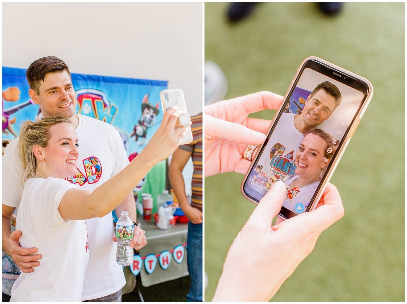 Parents taking a selfie using a custom Snapchat Geofilter for the Paw Patrol birthday party.