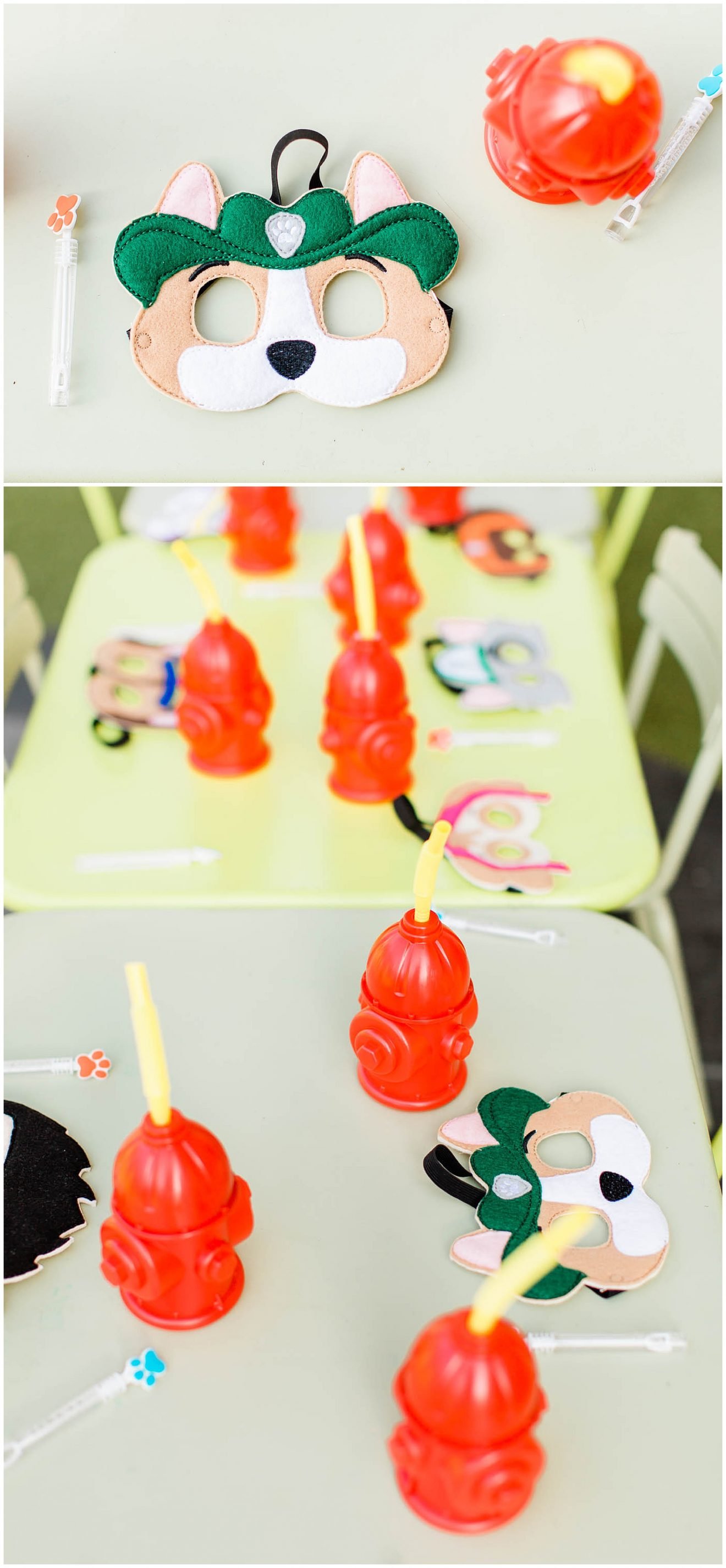 Table for kids to sit at with masks and bubbles and drink cups.