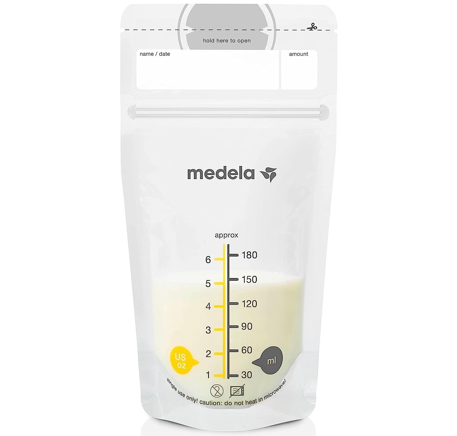 A transparent Medela breast milk storage bag, essential for postpartum recovery, filled partially with milk. The bag has measurement markers up to 180 milliliters or 6 ounces and labeled fields for name, date, and amount. The bottom contains instructions and warnings about use.