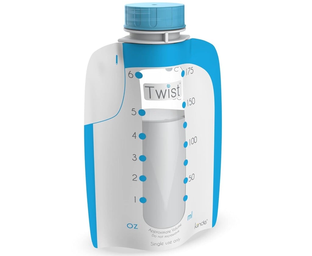 A plastic Twist storage pouch with blue and white markings, ideal for postpartum recovery. It features a screw-on cap at the top, measurement markings in both ounces and milliliters, and a clear central section to view the contents—a must-have for your postpartum essentials kit.