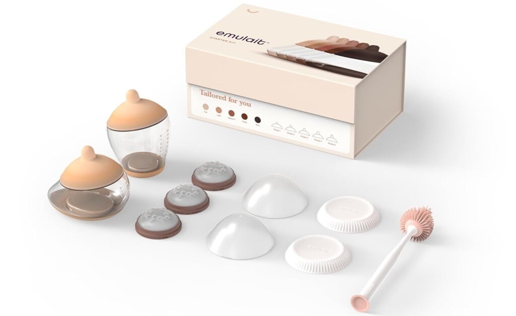 A product image shows a baby feeding set, perfect for postpartum essentials, including two baby bottles with peach-colored lids, four different nipple shields, a cleaning brush, and a box. The box is labeled "emulait" and includes an illustration of the items inside.