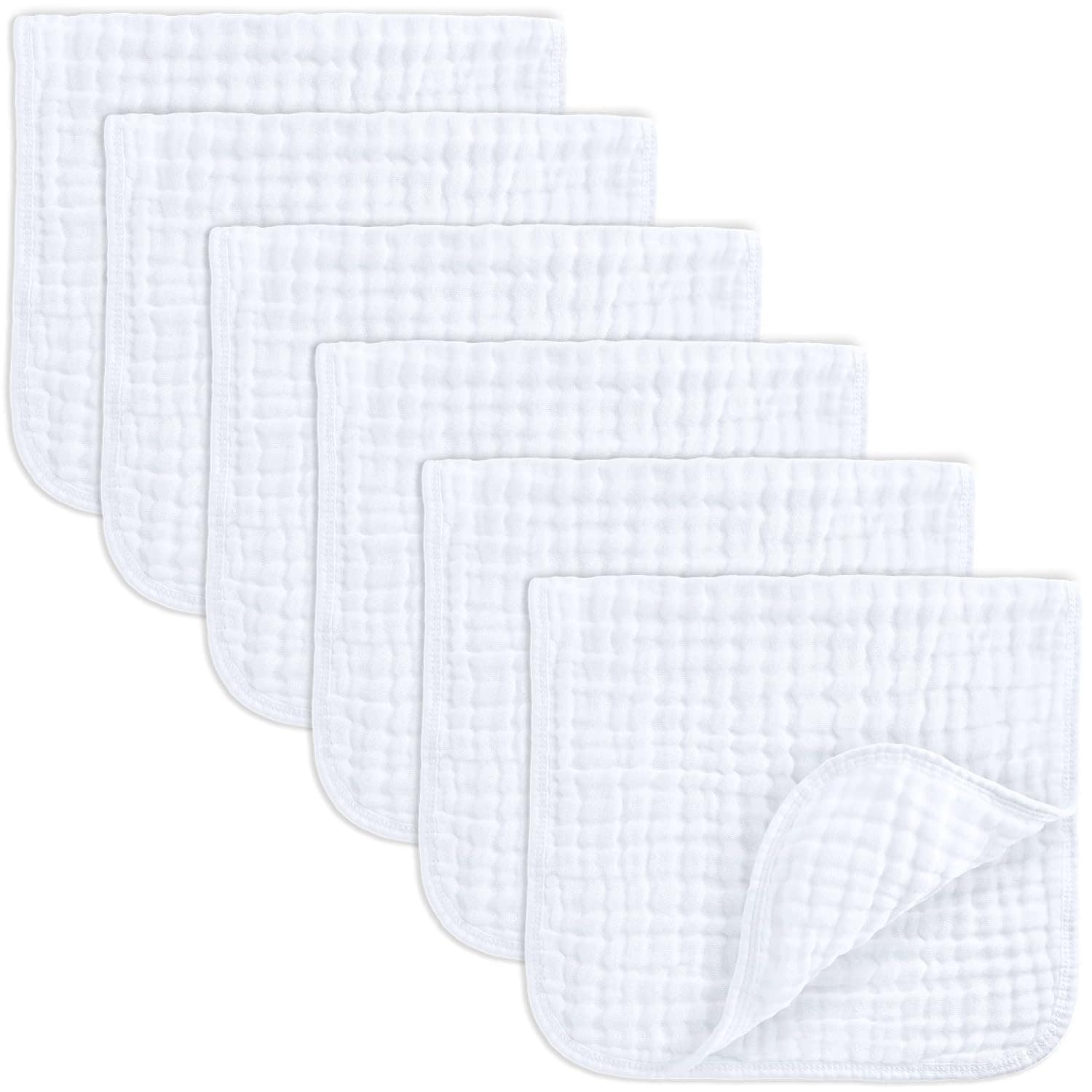 A set of six white, square-shaped cloths—ideal for postpartum recovery—are displayed in a row. Each cloth has a textured, quilted appearance with a slightly raised, grid-like pattern. One of the cloths is partially folded at the corner, revealing both sides.