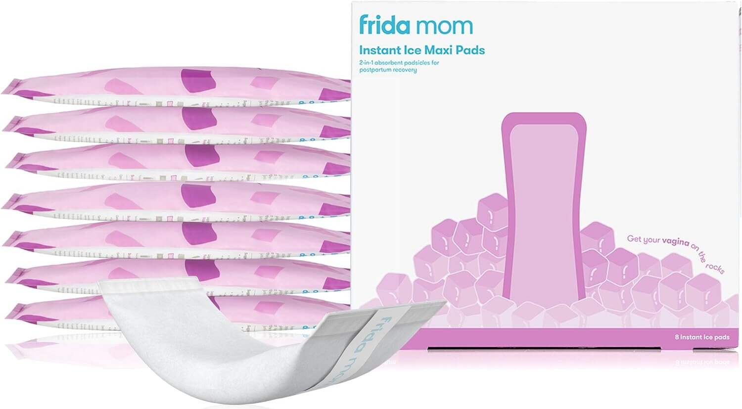 The image shows a box of Frida Mom Instant Ice Maxi Pads, a postpartum essential, alongside seven individually wrapped pads and one unwrapped pad in the foreground. The packaging suggests that the pads are for postpartum recovery and can act as 2-in-1 absorbent and cooling pads.