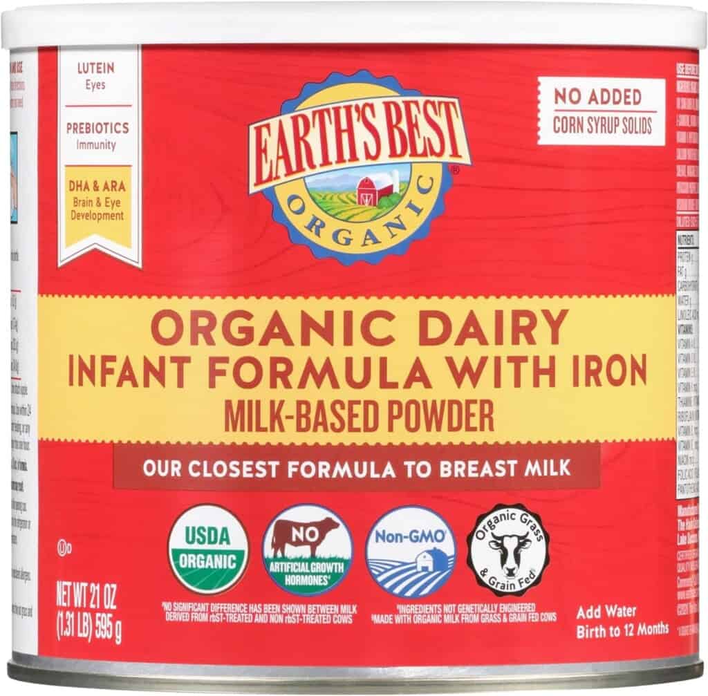 A 21 oz (595 g) canister of Earth's Best Organic Dairy Infant Formula with Iron. The red and yellow label highlights its closeness to breast milk and absence of added corn syrup solids. Ideal for postpartum recovery, this USDA Organic, non-GMO formula has no artificial growth hormones.