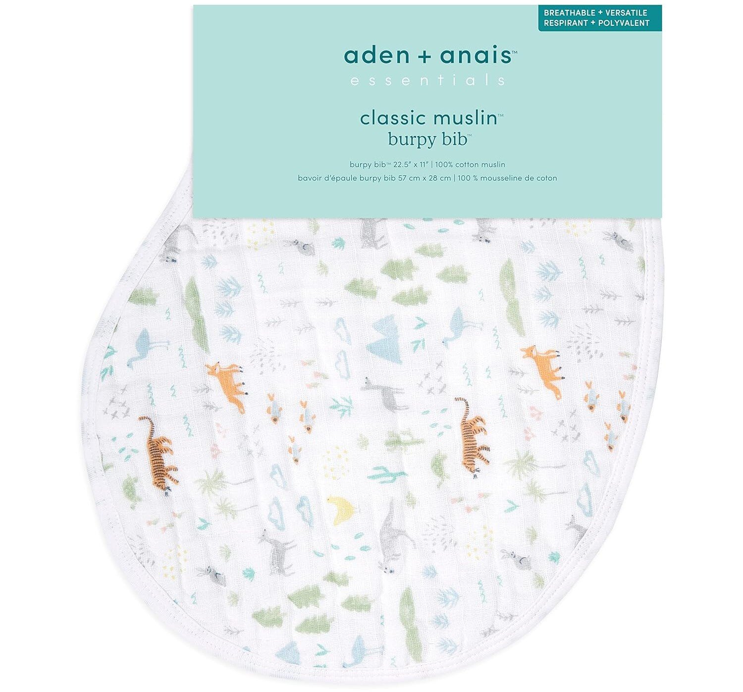 A white burpy bib featuring a pattern of dinosaurs and trees in green, orange, and blue. The bib, labeled "aden + anais essentials," is a classic muslin 100% cotton accessory measuring 22.5 inches by 11 inches—an indispensable item for postpartum recovery.