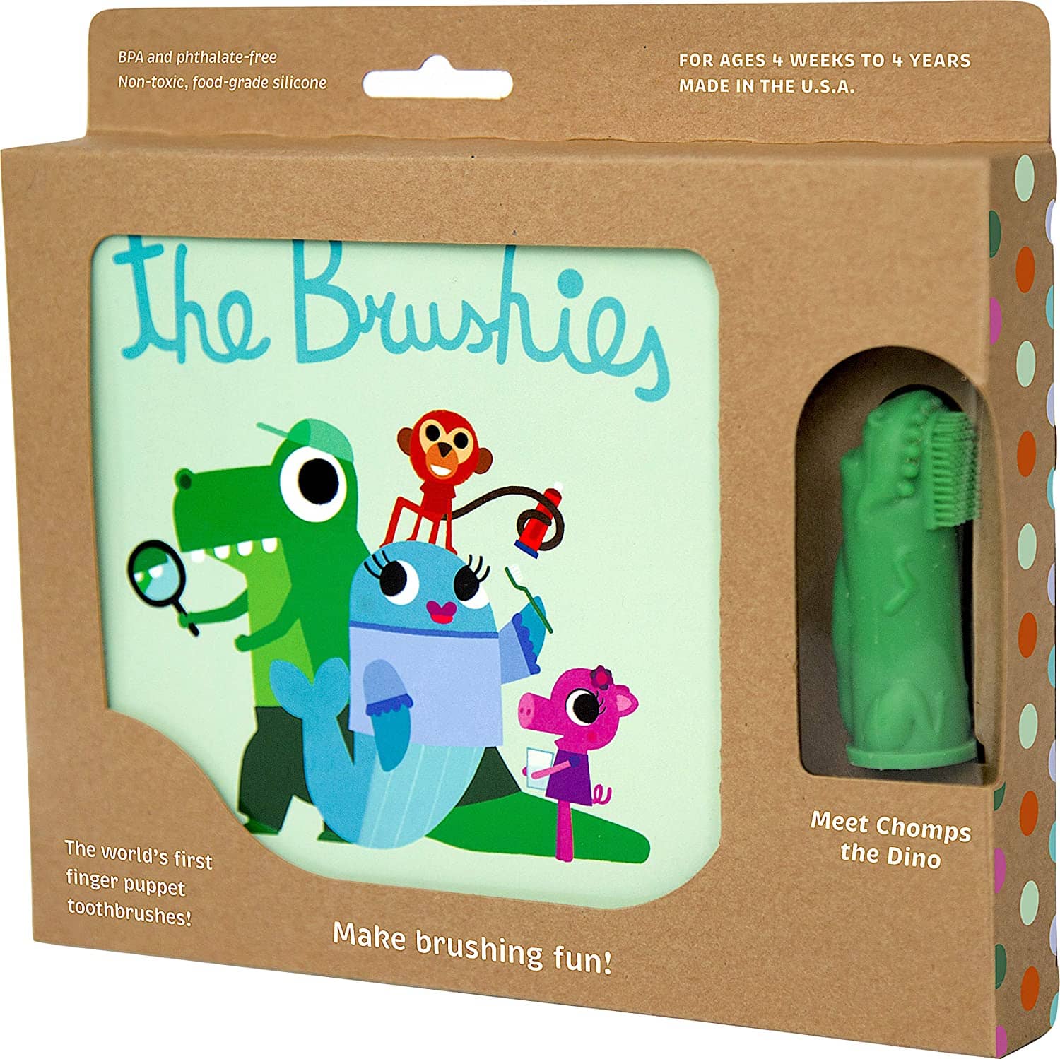 Brown box with The Brushies book and green Chomps the Dino brush inside 