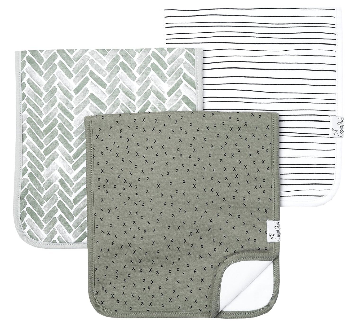 Three cloths are arranged overlapping each other. The first has a green and white herringbone pattern, the second has solid green with small X shapes, and the third is white with black horizontal stripes—perfect as postpartum essentials for stylish comfort. All have a white rolled edge.