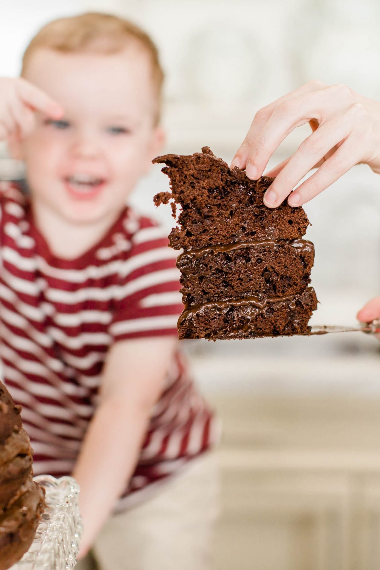 Slice of chocolate cake and little boy excited about it.