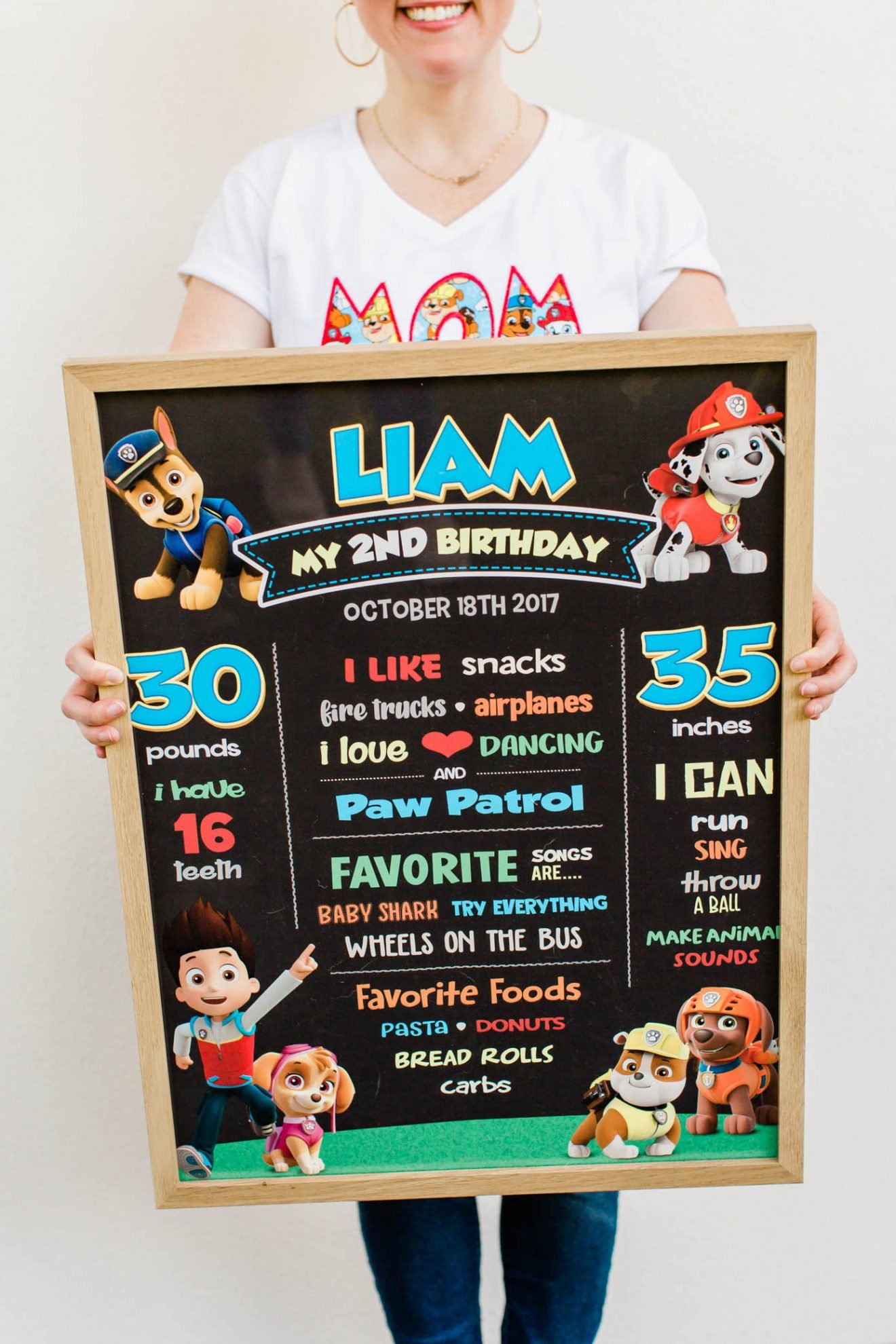 Paw Patrol chalkboard sign for a toddler boy's birthday party.