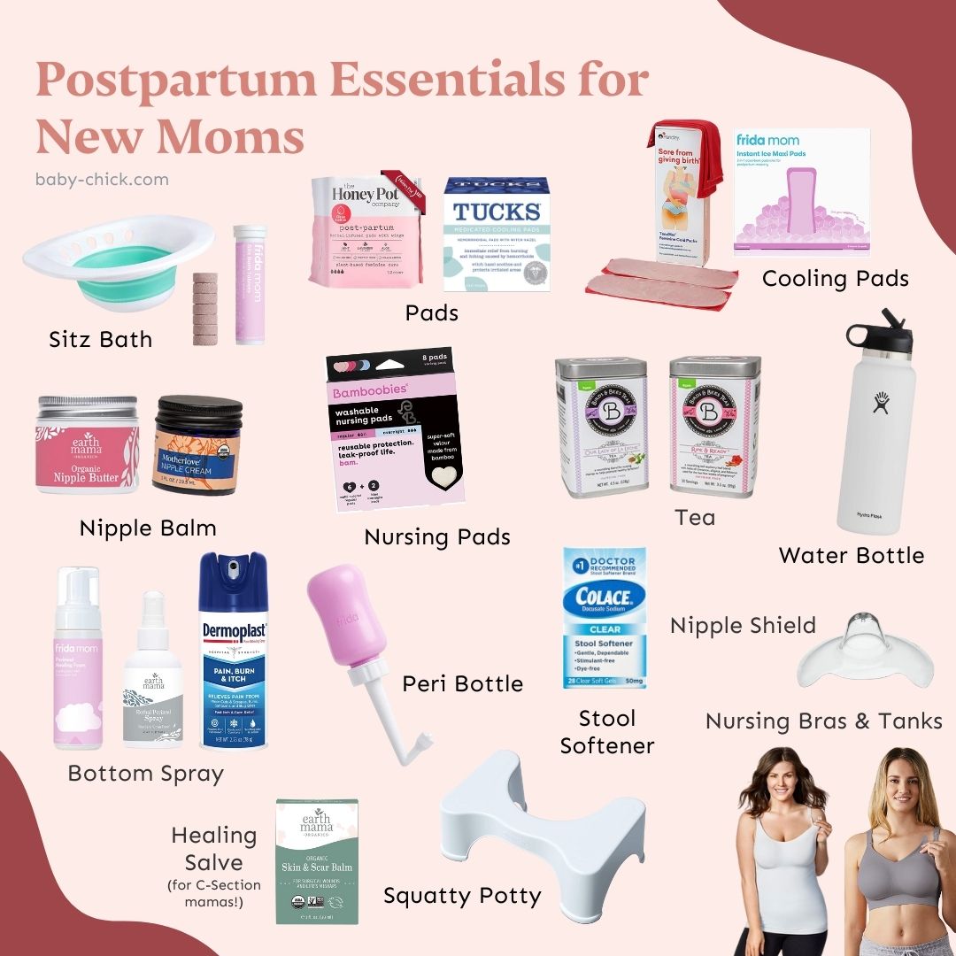 Collage of postpartum essential for new moms
