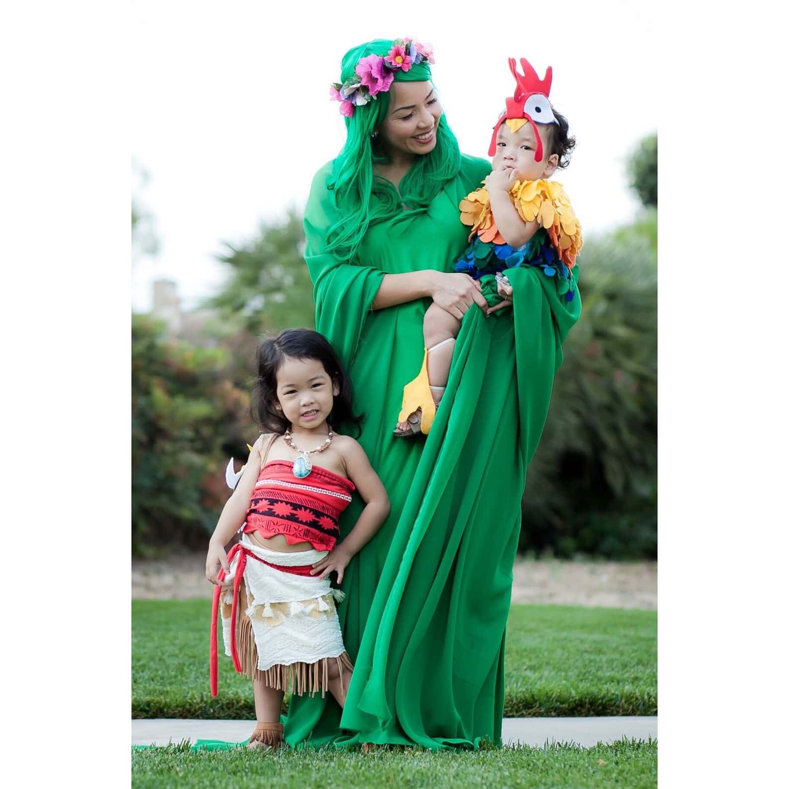 moana family costume with te fiti, moana, and hei hei