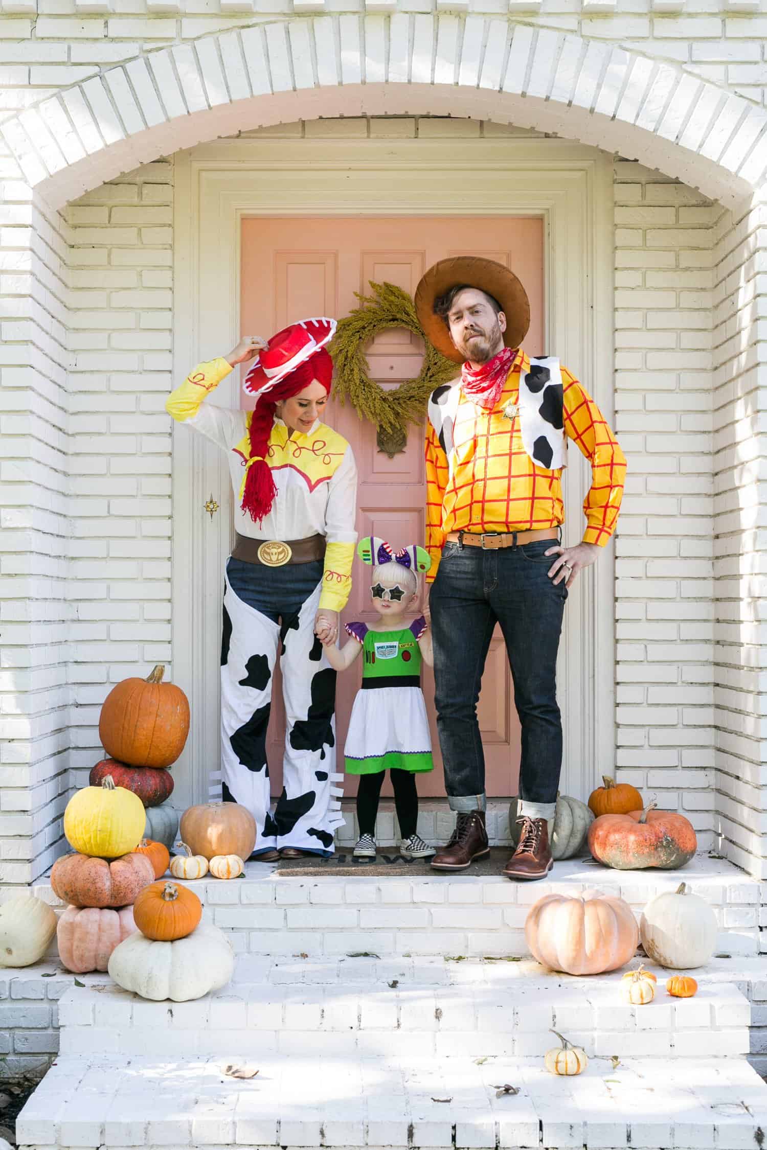 toy story family costume with woody, buzz lightyear, and jessie
