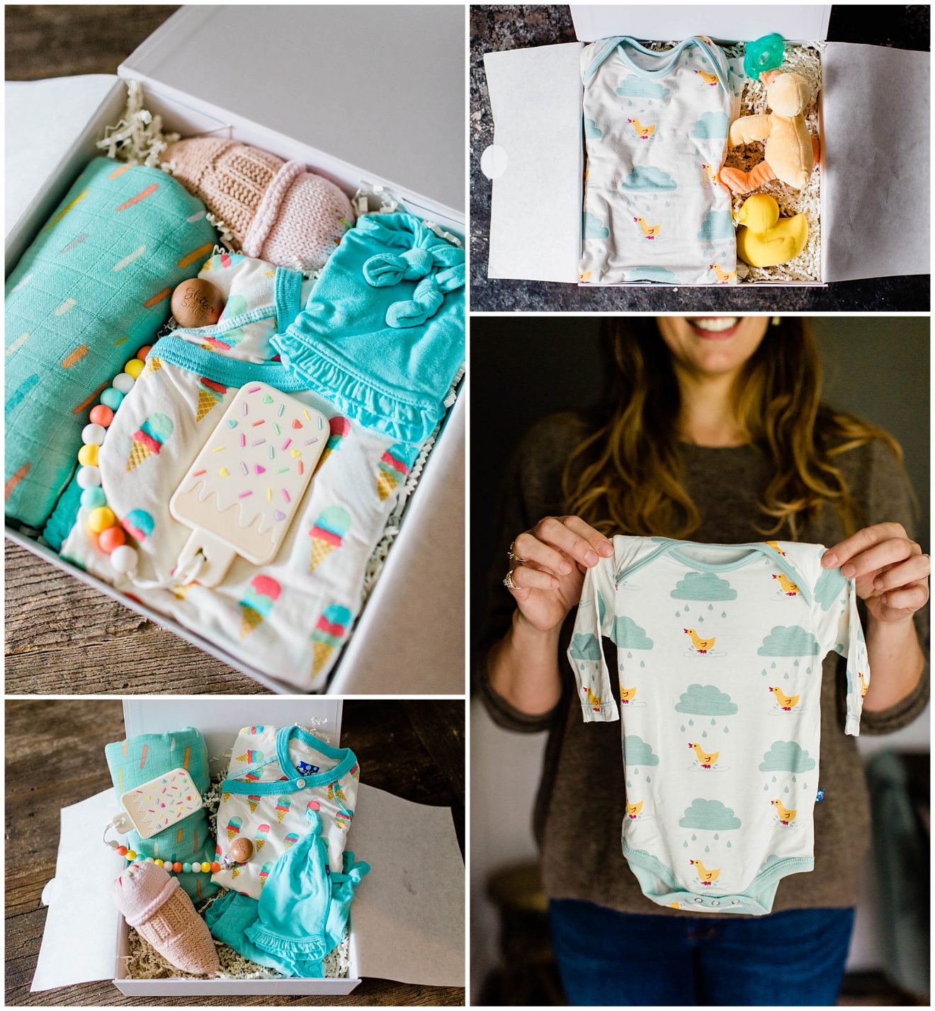 An ice cream scoops themed Baby Boxy gift box and Blue Puddle Ducks themed Baby Boxy.