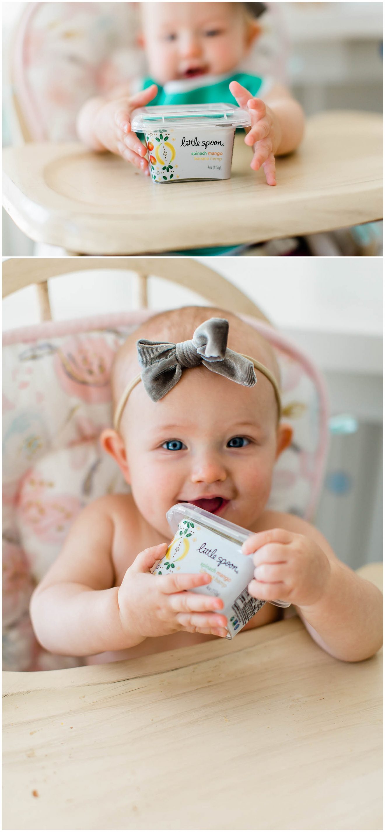 Baby girl sitting in her highchair holding a Little Spoon Babyblend.