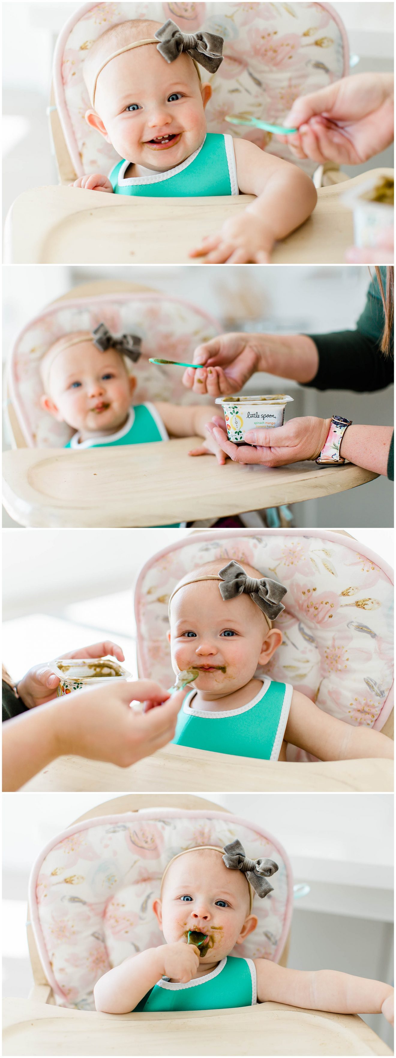 Little girl eating Little Spoon's organic baby food in her highchair.