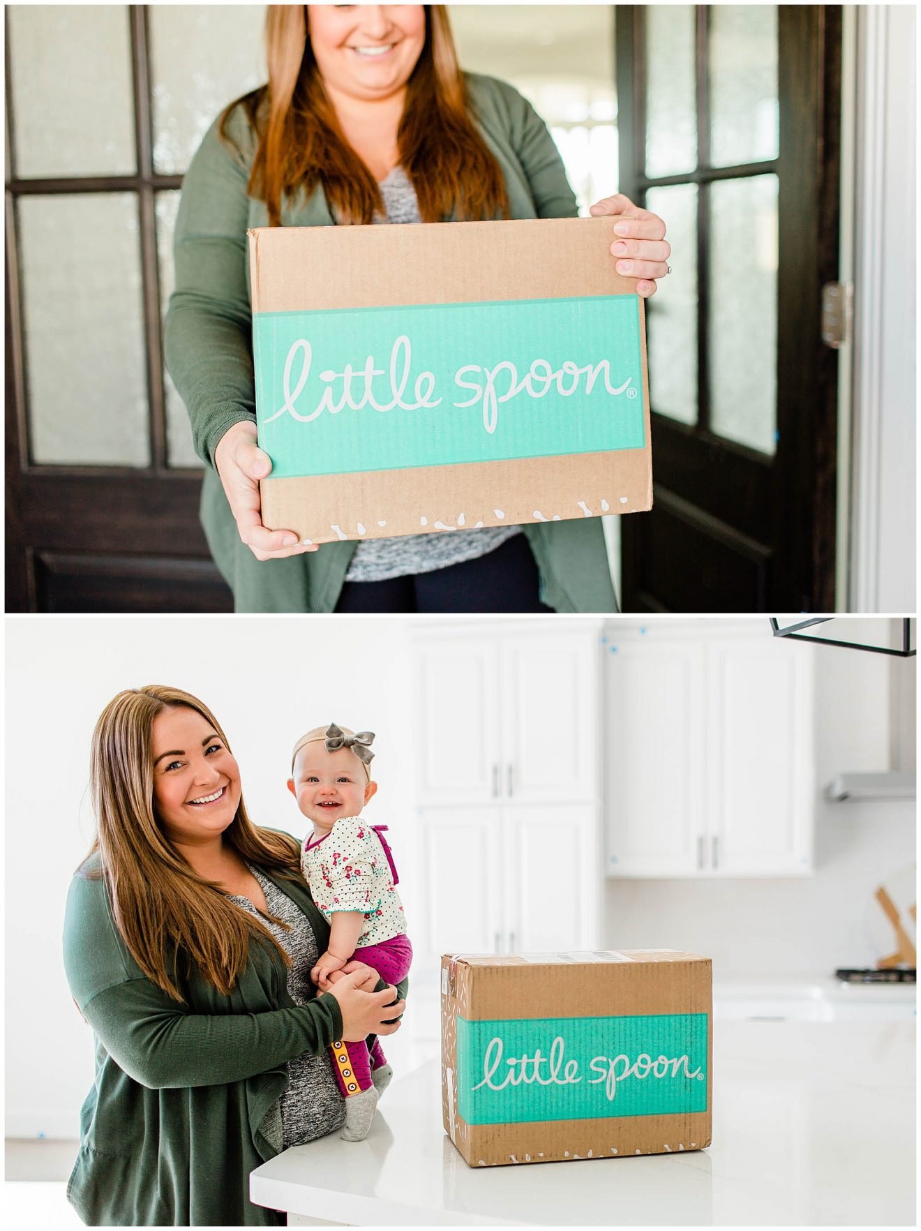 Mom getting her delivery of Little Spoon and bringing it into her kitchen with her baby girl.