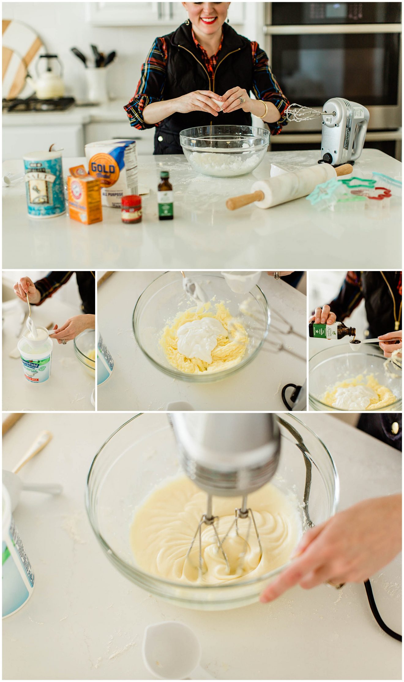 Adding ingredients to a clear bowl to make Christmas sugar cookies