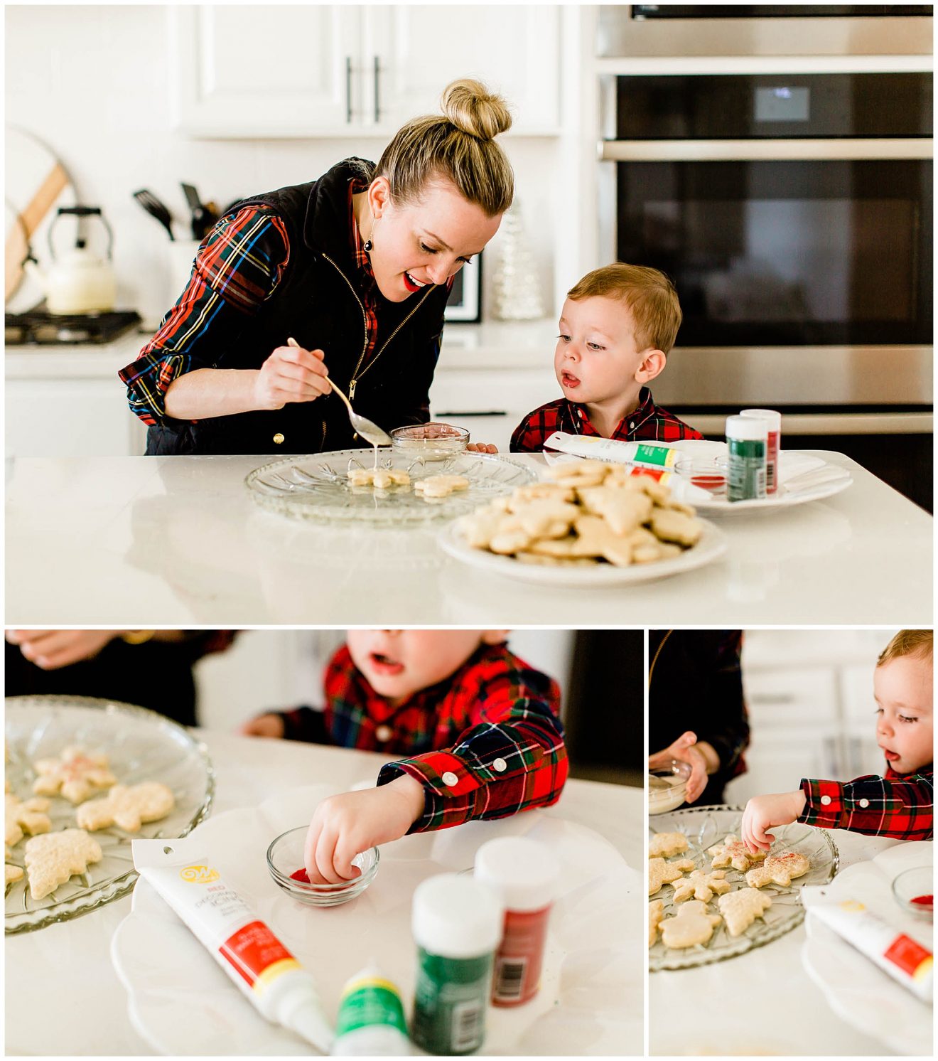 A mom and toddler son decorating Christas sugar cookies.