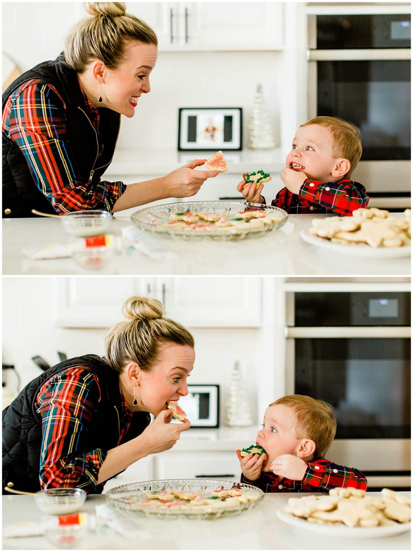 A mom and toddler son eating Christmas sugar cookies.