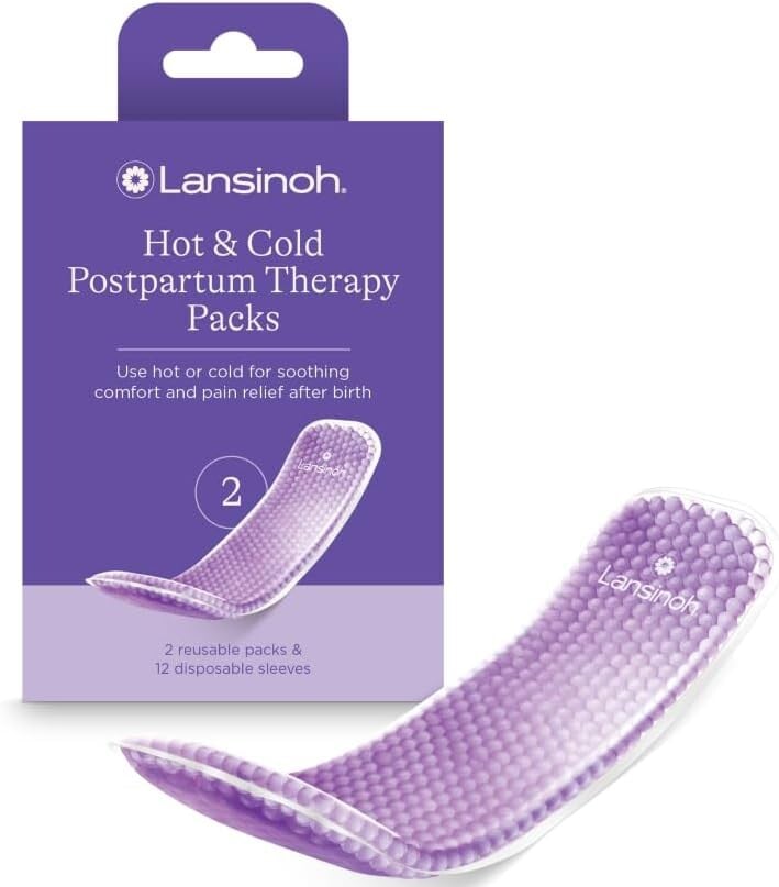 Purple packaging of Lansinoh Hot & Cold Postpartum Therapy Packs, essential c-section recovery must-haves. The image shows two reusable packs and twelve disposable sleeves for soothing comfort and pain relief after birth. A single therapy pack is displayed in front of the box.