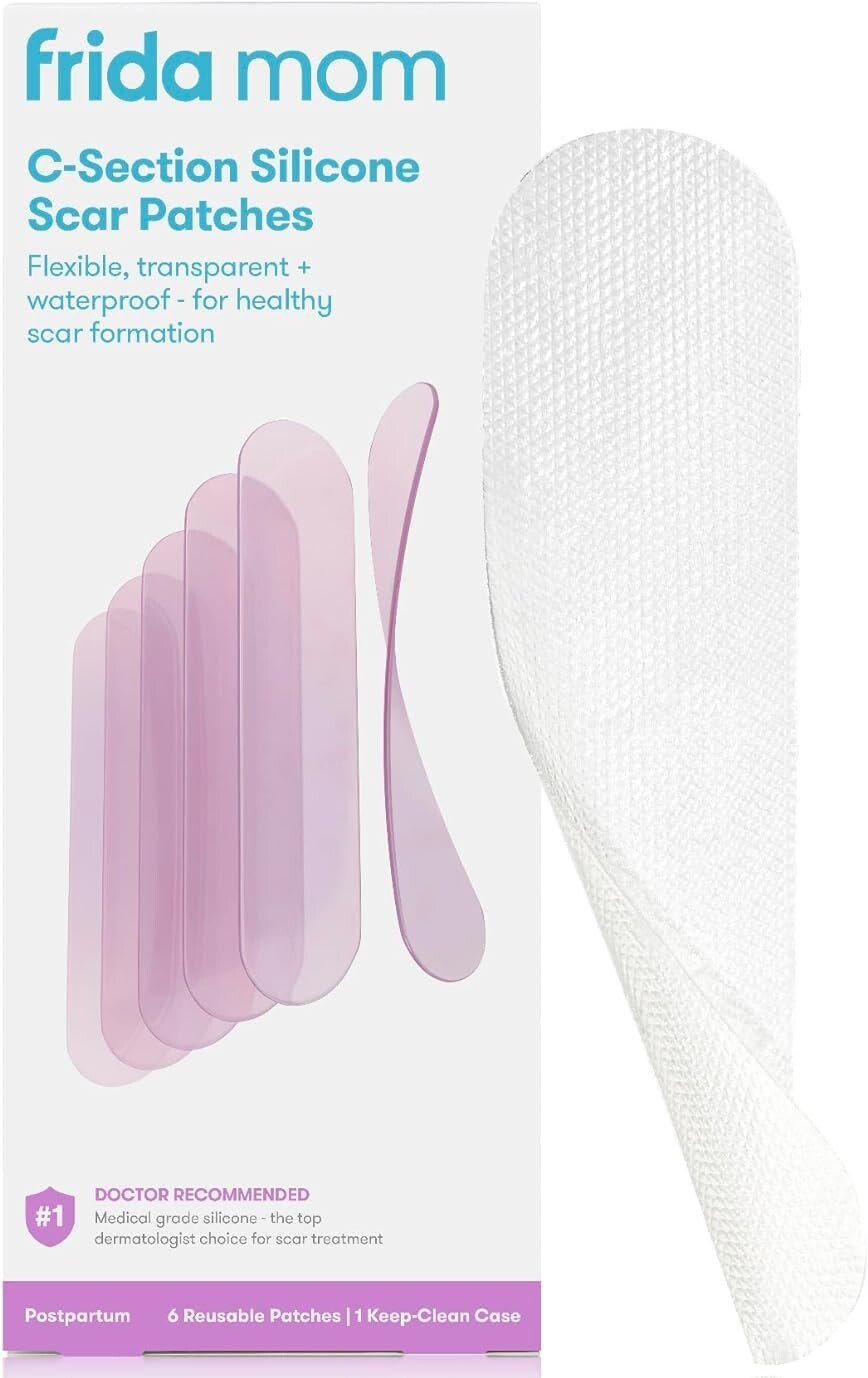 Box of Frida Mom C-Section Silicone Scar Patches, a c-section recovery must-have. The packaging highlights their flexible, transparent, and waterproof features for healthy scar formation. Includes an image of the patches and mentions being doctor recommended.