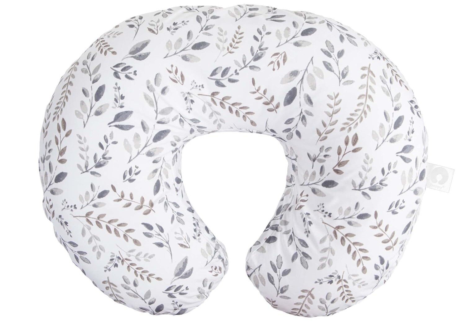 A white U-shaped pillow featuring a subtle gray and brown leafy pattern, its one of the c-section recovery must-haves for ultimate comfort.