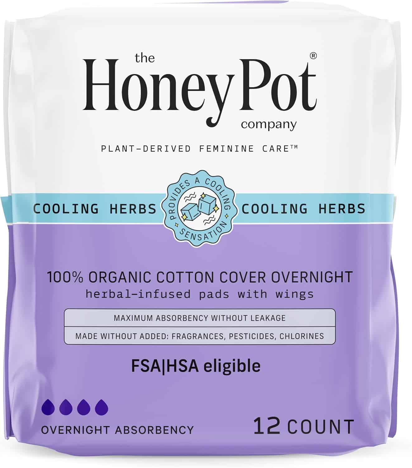 Image of The Honey Pot Company packaging for 12 overnight absorbency pads. The lavender package emphasizes cooling herbs and a 100% organic cotton cover, free from added fragrances, pesticides, or chlorines. A c-section recovery must-have, and its FSA/HSA eligible.