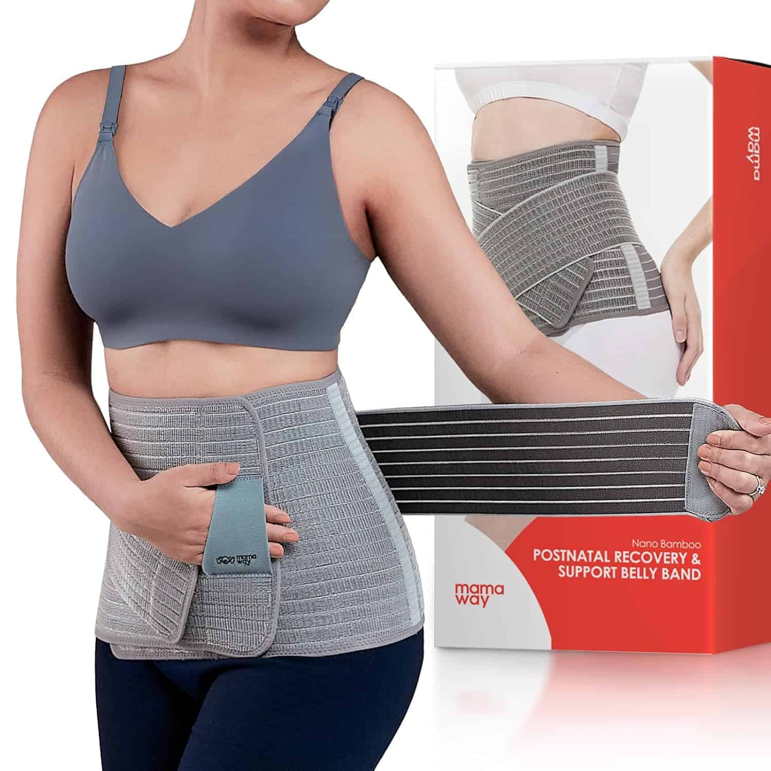 A person wearing a gray postnatal recovery belly band, a c-section recovery must-have, adjusts the strap. In the background, a box displays the packaging with the label Postnatal Recovery & Support Belly Band.