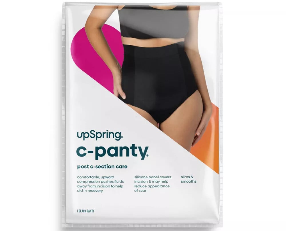 Packaging for UpSpring C-Panty, a c-section recovery must-have, designed for post-surgery care. The package displays a model in black high-waisted underwear, with text highlighting features like a silicone panel for scar reduction and essential support during recovery.