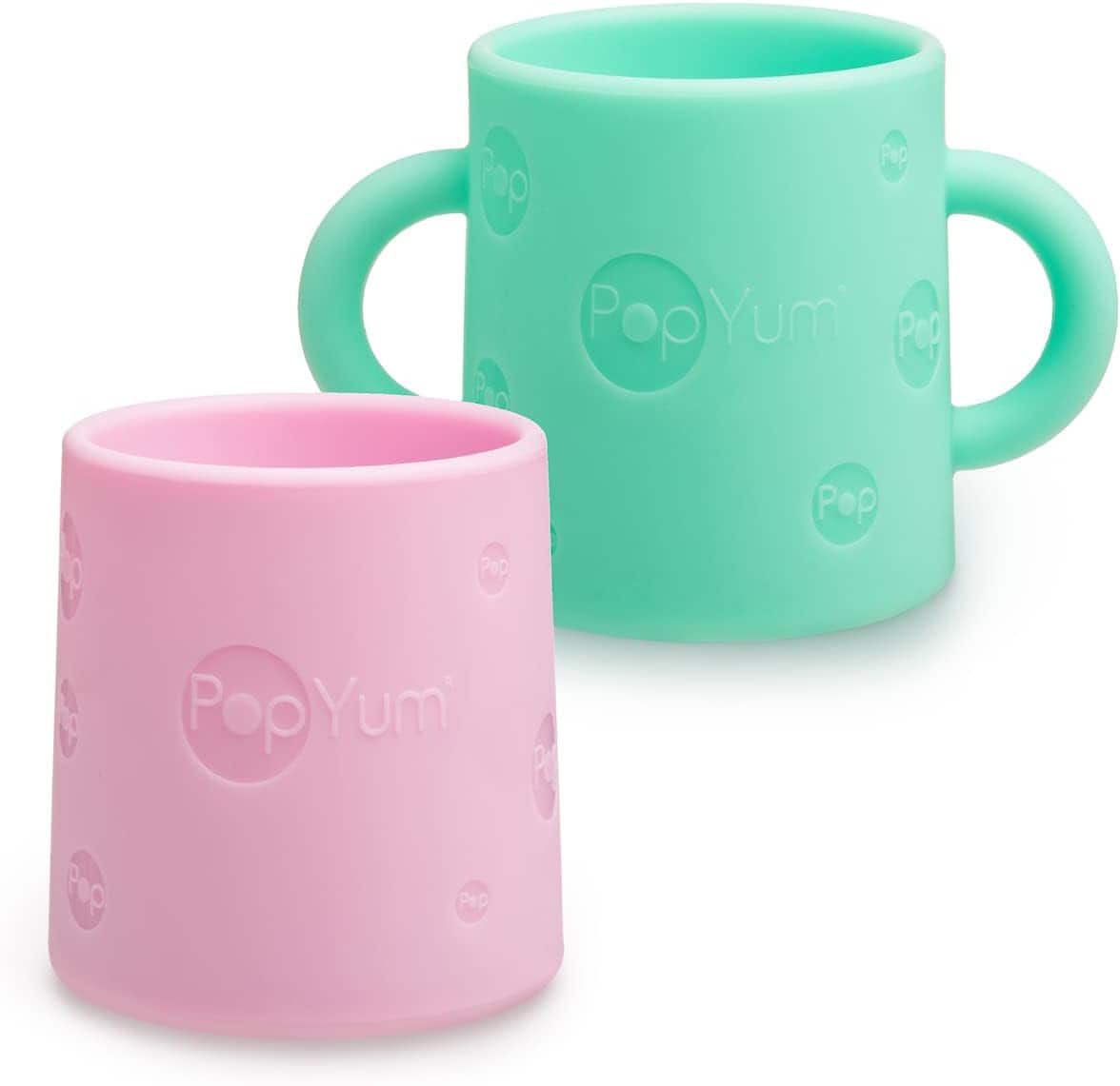 PopYum Silicone Training Cup 2-Pack for Baby and Toddler, handles, BPA Free, self feeding training, tumbler (mint green and pastel pink)
