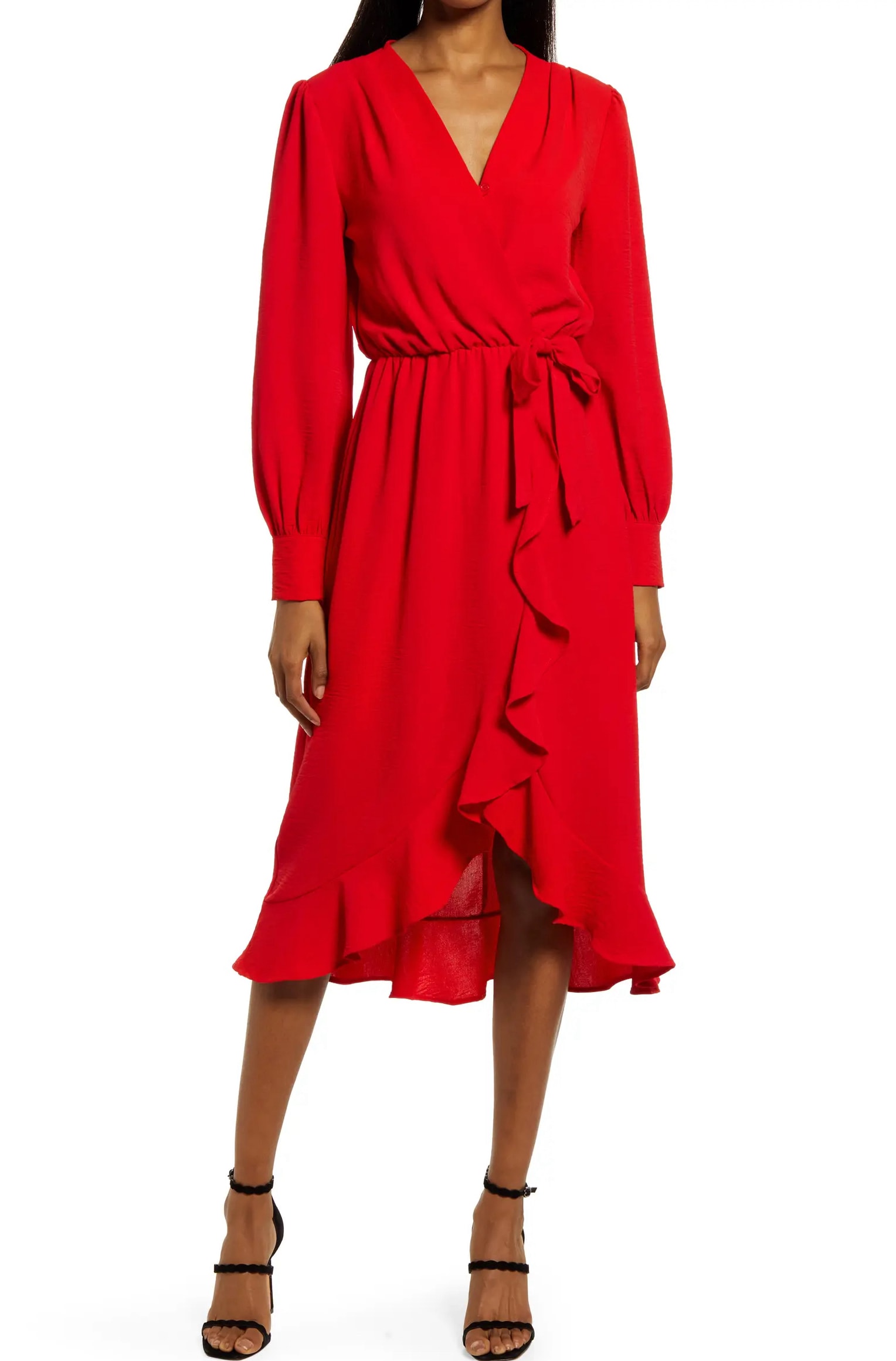 Woman in red wrap dress 