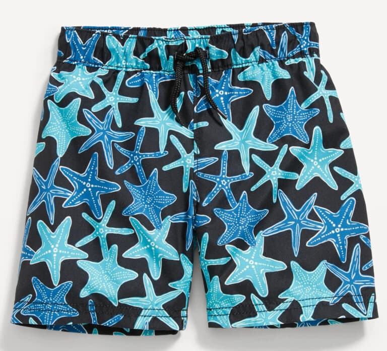 Swim trunks with blue starfish print