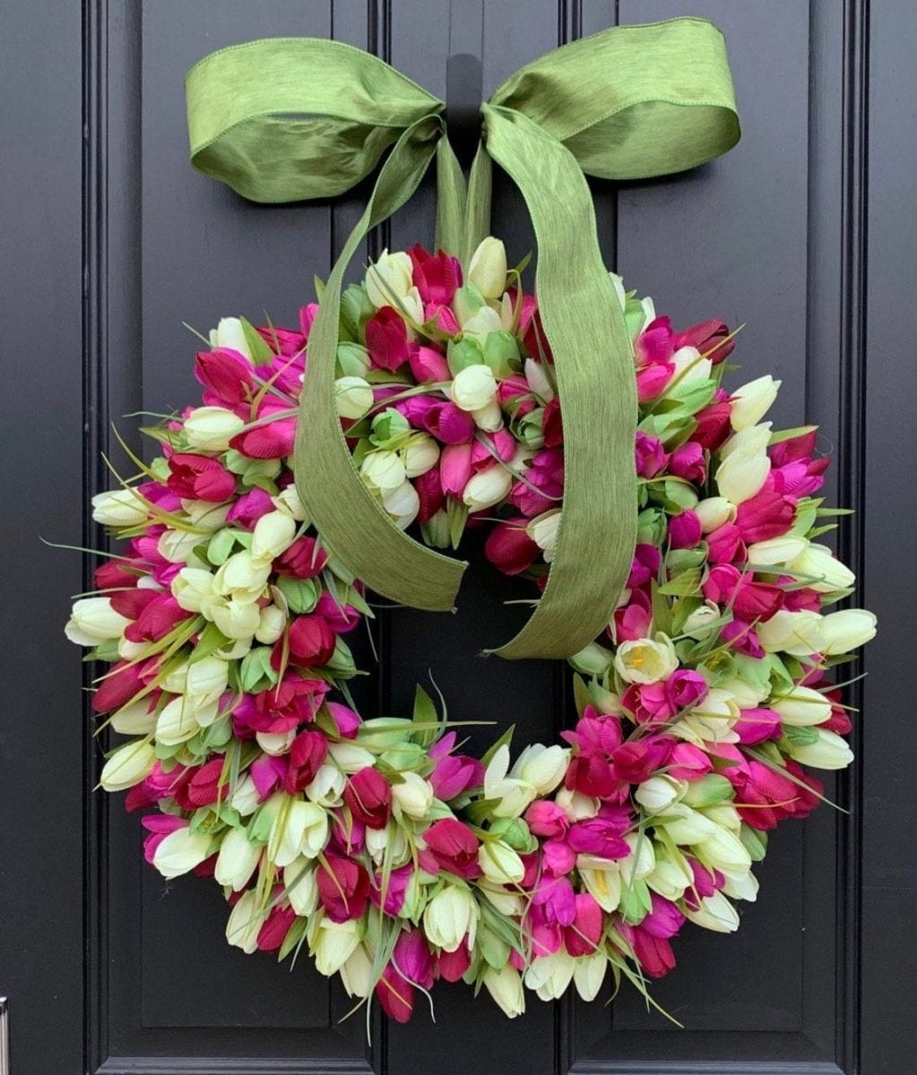 Pink Tulip Wreath Green Leaf Grapevine Floral Hanger for Front Door Wall Garland 