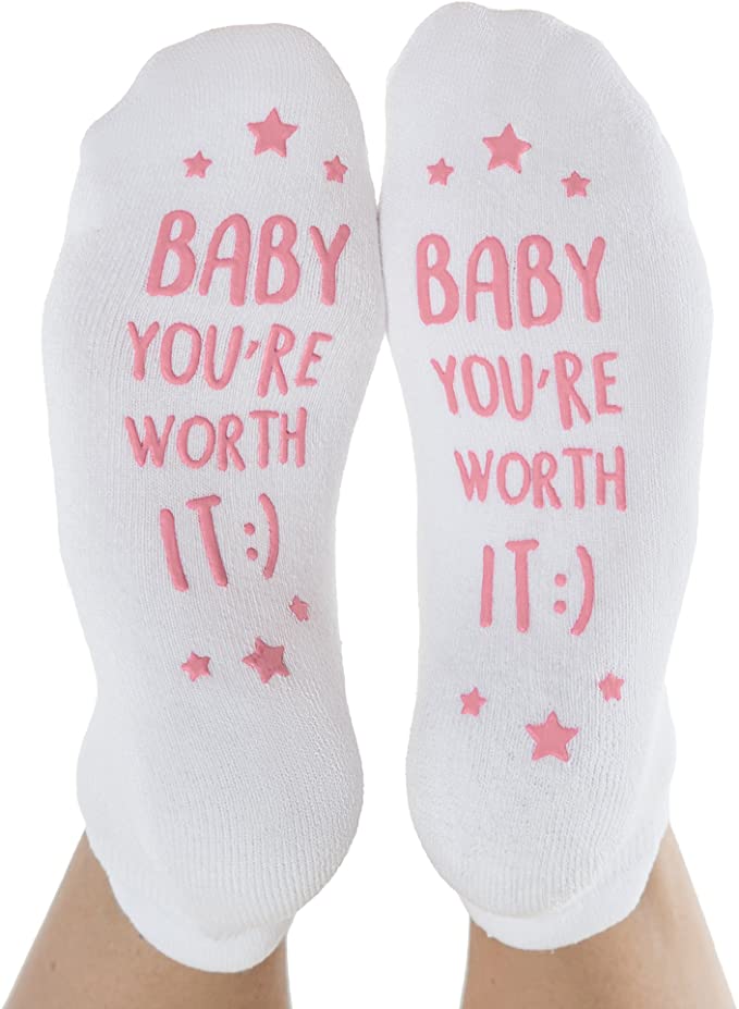 Kindred Bravely Labor and Delivery Inspirational Fun Non Skid Push Socks for Maternity -"Baby You're Worth It!"