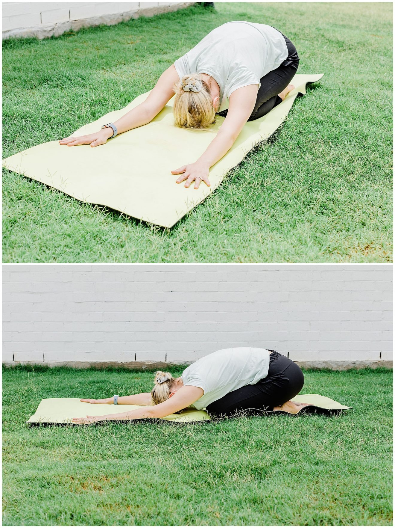 A woman laying on her yoga mat doing child's pose.