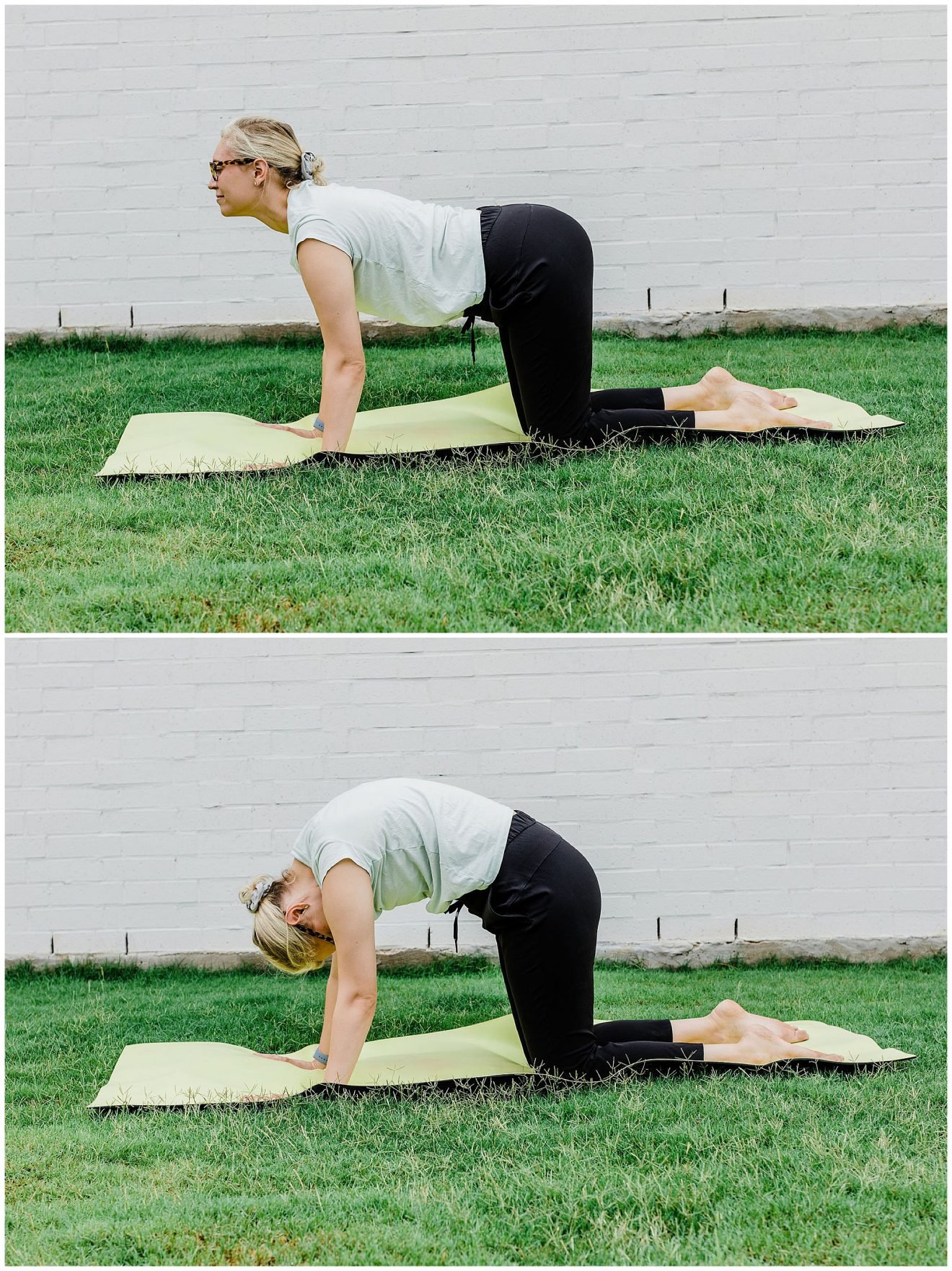 A woman on her yoga mat outside doing the cat and cow yoga positions.